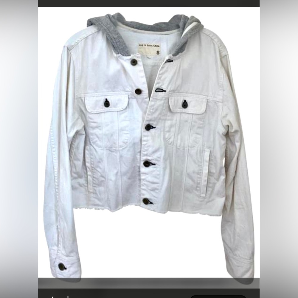 Rag & Bone White jean jacket, Size S, Unfinished hem, & sweatshirt grey hood🕵🏻